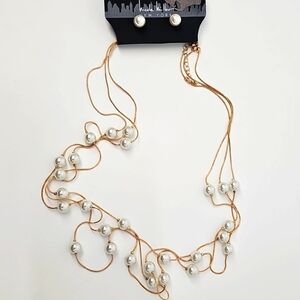 3-Strand Necklace w Faux Pearl Stud Earrings Set